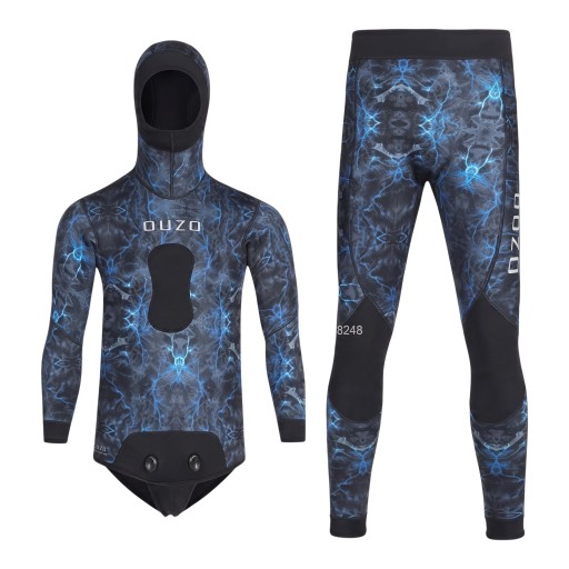 Men's Two-Piece 3 mm Blue Neoprene Diving Suit with Veined Pattern, Hooded Jacket and Knee Protector Trousers