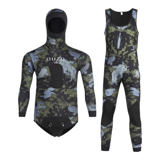 Men's Camouflage Neoprene Diving Suit 3 mm Two-Piece Set with Hooded Jacket and Sleeveless Jumpsuit with Knee Protectors