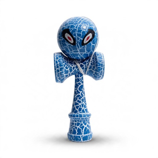 Kendama Rissige blaue mit Augenmotiv 18 cm Nussbaum Holz Japanisches Spiel mit Kugel an Schnur Koordinationstraining Für Kinder und Erwachsene