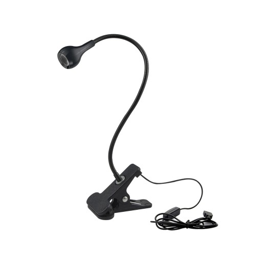 LED Clip Lamp with Flexible Goose Neck 1 W USB Powered 5 V Cable 118 cm with Switch Height 27.6 cm Warm White Light Black