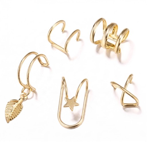 Juego de 5 pendientes sin perforación con hoja y estrella Ear cuff para cartílago de 1 a 2,8 cm Aleación de zinc Pendientes para mujeres