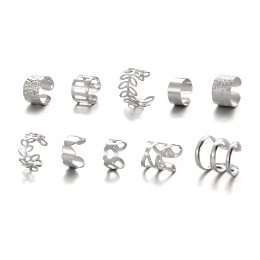 Sada 10 záušnic bez propichování Ear cuff na chrupavku Různé vzory s lístky proužky a výřezy Zinková slitina Stříbrná barva pro ženy