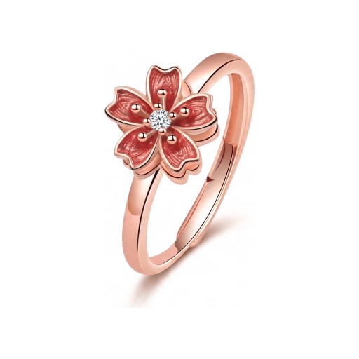 Anello antistress girevole sakura con petali rossi e cristallo Taglia regolabile Rame Colore rosa dorato Gioiello da donna per ogni giorno