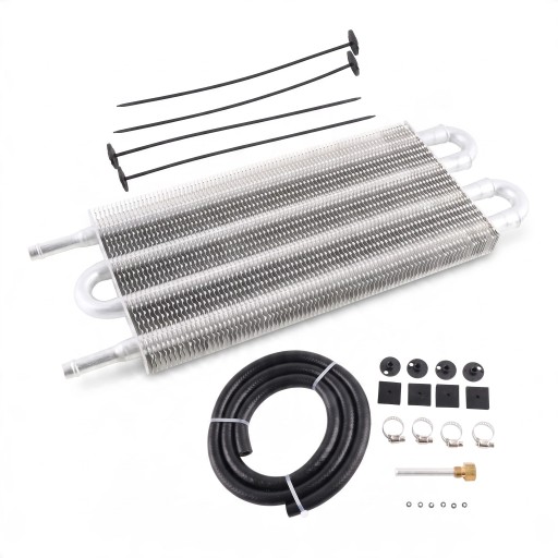 Universal Oil Cooler 4 Row Aluminium with Corrugated Fins Silver Set with Hose and Clamps for Engine, Transmission and Differential