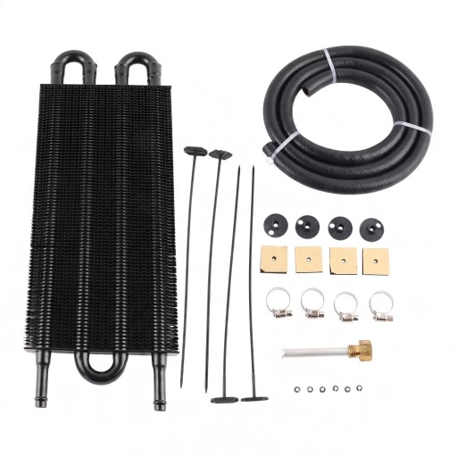 Universal Oil Cooler 4 Rows 345 x 130 x 20 mm Aluminium Black Set with Hose 1.2 m and Clamps for Engine, Transmission and Differential