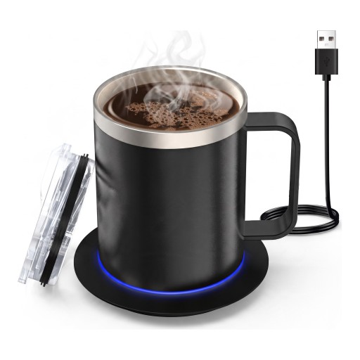 Vyhřívaný hrnek 350 ml s USB podložkou Dvoustěnná nerezová ocel 304 Udržování teploty 55–65 °C Víčko Káva Čaj Kancelář