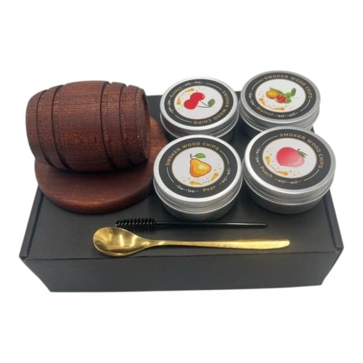 Ensemble de fumage pour cocktails et whisky Fût en bois 10,67 cm 4 boîtes de copeaux de bois Cuillère Brosse et boîte cadeau Accessoires de bar