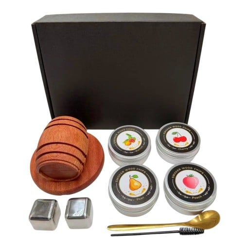 Ensemble de fumage pour cocktails et whisky Fût en bois 10,67 cm 4 boîtes de copeaux 2 cubes de refroidissement en métal Cuillère Brosse et boîte