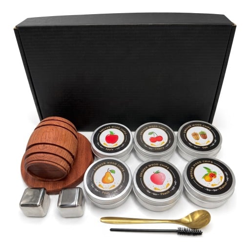 Ensemble de fumage pour cocktails et whisky Fût en bois 10,67 cm 6 boîtes de copeaux 2 cubes de refroidissement en métal Cuillère Brosse et boîte
