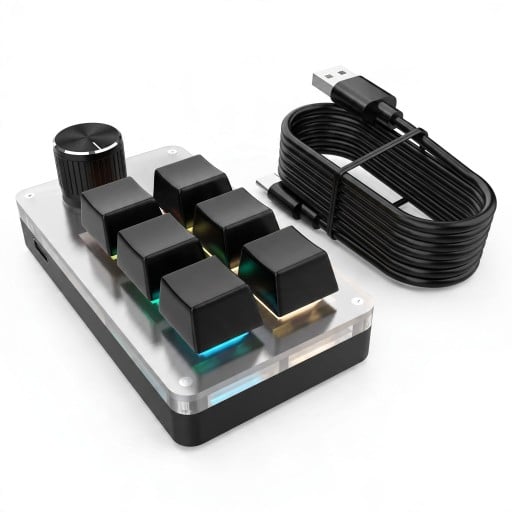 Programovatelná makro klávesnice 6 kláves a otočný knoflík Mechanické spínače RGB podsvícení USB-C Pro Photoshop a hry