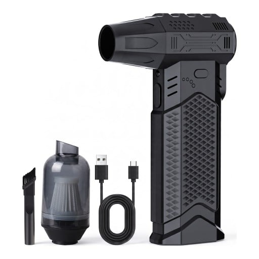 Ventilator turbo cu acumulator 2 în 1 Fără fir pentru suflare și aspirare Recipient pentru praf cu filtru Duza cu perie USB-C Negru Aspirator manual