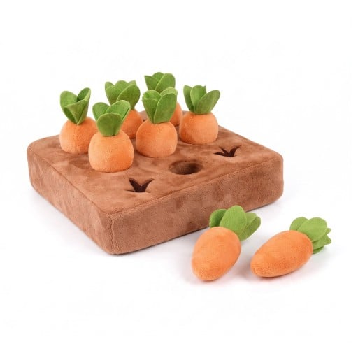 Snusemåtte til hunde 16 x 16 x 5 cm 9 udtagelige gulerødder Plyss interaktiv legetøj Brun og orange Til langsom fodring og godbidder