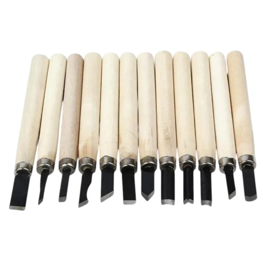 Set of 12 Carving Chisels Length 13.5 cm Various Blade Shapes Made of Manganese Steel Wooden Handles For Wood Carving and Clay Modelling