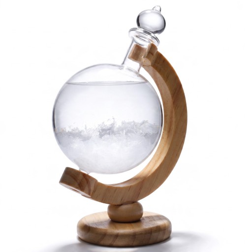 Γυάλινο μπαρόμετρο Storm Glass σε σχήμα γλόμπου 21,5 x 14 εκ. Γυάλινο μπαρόμετρο με κρύσταλλα σε ξύλινη βάση Διακόσμηση για το τραπέζι και το ράφι