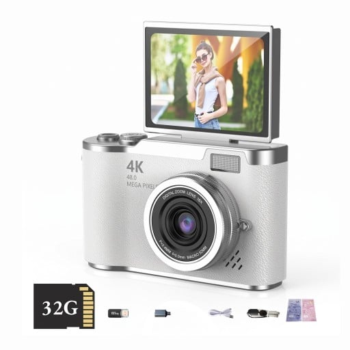 Digitální fotoaparát 4K s výklopným 2,4″ displejem o 180° a 32GB kartou Blesk Stabilizace obrazu Pro děti i dospělé