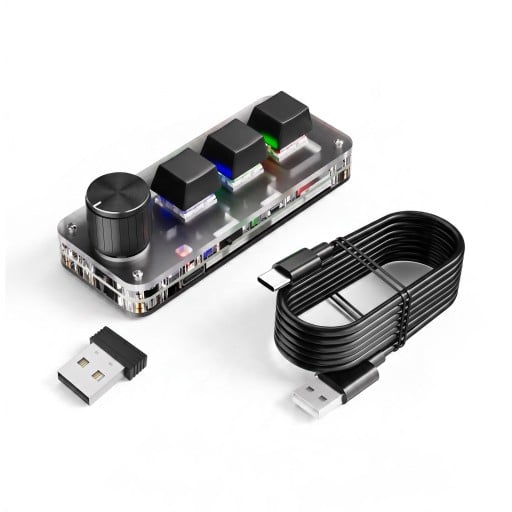 Bezdrátová makro klávesnice 3 klávesy a otočný knoflík 2,4 GHz Bluetooth i USB-C RGB podsvícení Hot swap pro Photoshop