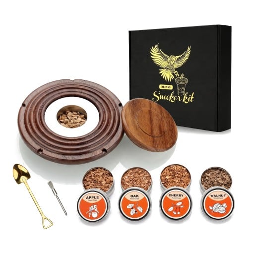 Ensemble pour aromatiser les cocktails avec fumée Fumeur en bois 9,9 cm avec filtre en métal et couvercle 4 boîtes de copeaux Cuillère