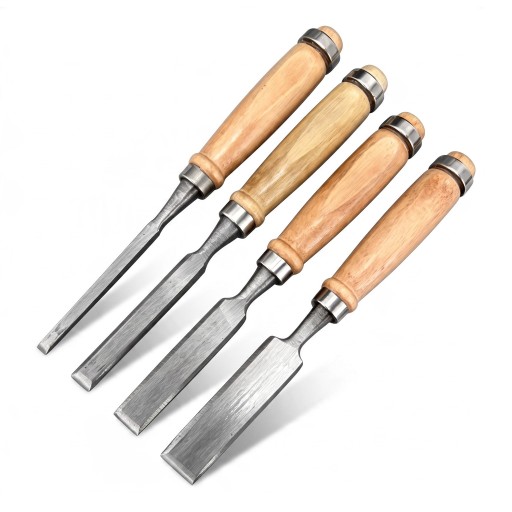 Set of 4 Flat Wood Chisels 6 mm 12 mm 18 mm and 24 mm Wooden Handles with Metal Ferrules for Carving Grooves and Joinery Work