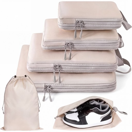 Conjunto de 4 organizadores de compressão para mala S a XL com saco de cordão e bolsa para sapatos em poliéster com fecho e alça para viagens
