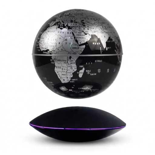 Globe lévitant 14 cm noir avec carte du monde argentée Lévitation magnétique Socle en forme de UFO avec lumière LED Décoration de table