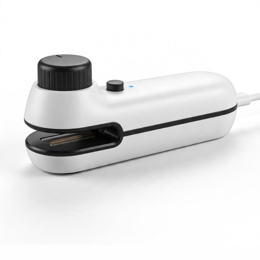 Mini zacskószeletelő 2 az 1-ben késsel 10,9 x 3,8 cm Újratölthető akkumulátor 400 mAh USB-n keresztüli töltés Mágneses rögzítés Fehér Élelmiszer