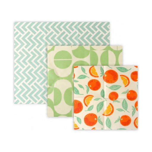 Bienenwachstücher für Lebensmittel Set 3 Stück 18 x 20 cm 25 x 25 cm und 30 x 35 cm Baumwolle und Bienenwachs Grüne und orange Muster Für Snacks