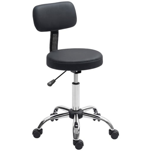Drejelig stol med hjul og rygstøtte Justerbar højde 78-93 cm Sæde diameter 35 cm Maksimal belastning 120 kg Aftagelig rygstøtte Sort