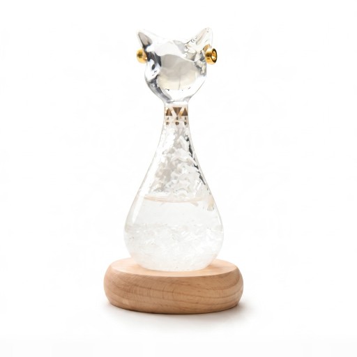 Bouřkové sklo Storm Glass ve tvaru kočky 12 cm Skleněný barometr s krystaly Dřevěný podstavec Dekorace na stůl