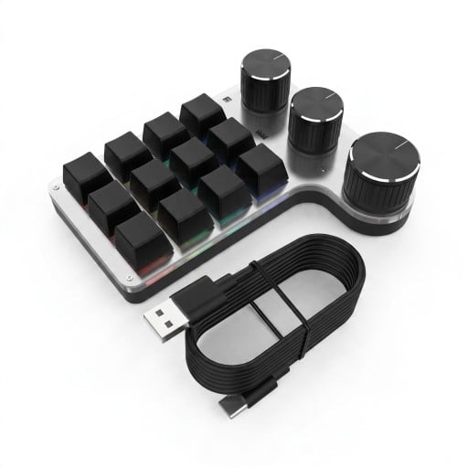 Programovatelná makro klávesnice 12 kláves a 3 knoflíky Bluetooth i USB-C Hot swap spínače Red RGB podsvícení Pro střih