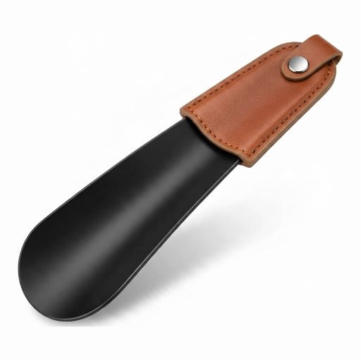 Metalisk sko-løfter 17 cm med læderhank Kort sko-løfter i rustfrit stål Sort Rejsehjælp til nem påtagning