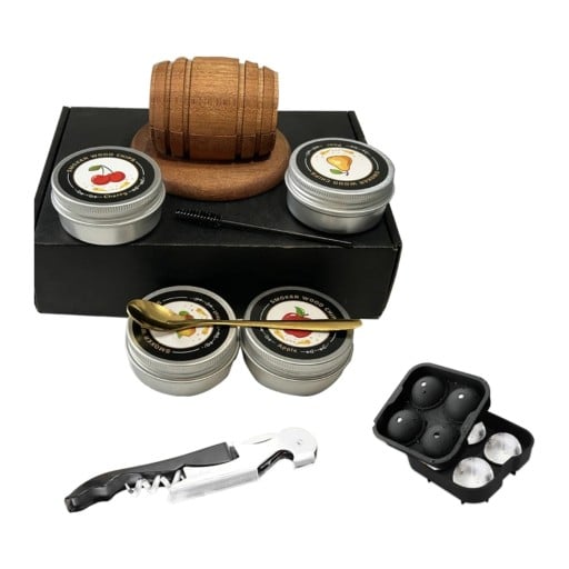 Ensemble fumeur pour cocktails et whisky Fût en bois 10 x 6,4 cm 4 boîtes de copeaux Tire-bouchon de serveur et moule pour 4 boules de glace