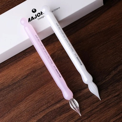 Sæt med 2 glasklisterpenne mini 13,5 cm Rosa og hvid pen i borosilikatglas Ribbede spids Til kalligrafi skrivning og tegning