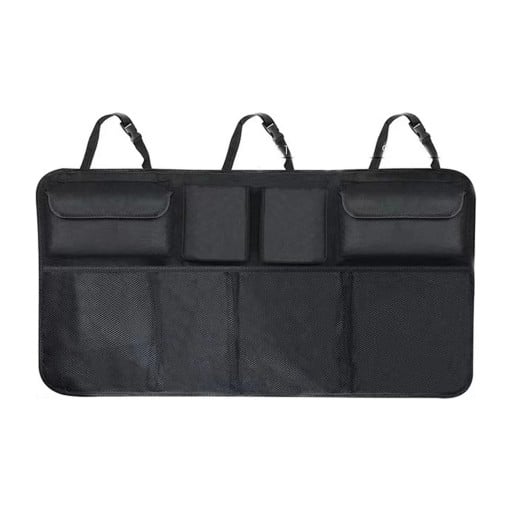 Závěsný organizér do kufru auta 88 x 48 cm s 8 kapsami Síťované kapsy i kapsy s klopou 3 nastavitelné popruhy Černý Na zadní sedadla