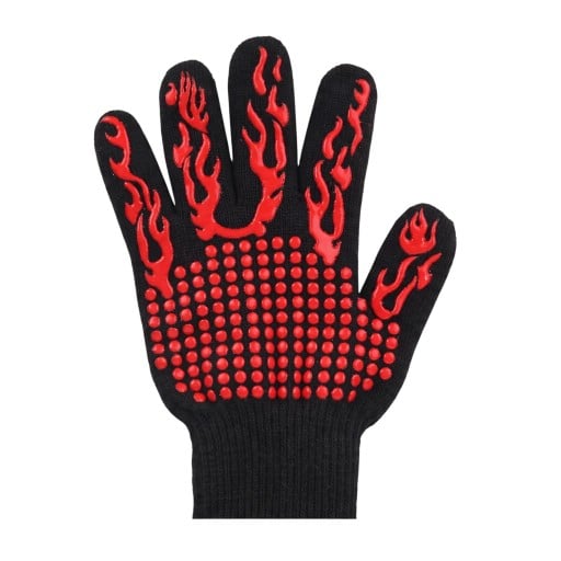 Gant de protection avec éléments antidérapants Longueur 25 cm Cinq doigts avec manchon côtelé Matériau tricoté Motif flammes Impression rouge