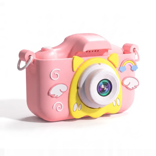 Dětský digitální fotoaparát s křidélky a duhou 2″ IPS displej 1080P video Selfie objektiv Silikonový kryt Karta 32 GB Růžový Pro děti