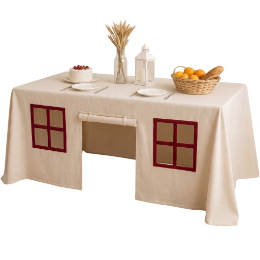 Dug med vinduer og døre Legehus til børn 170 x 104 x 65 cm Telt under bord Tkanin peach skin Beige-vinrød