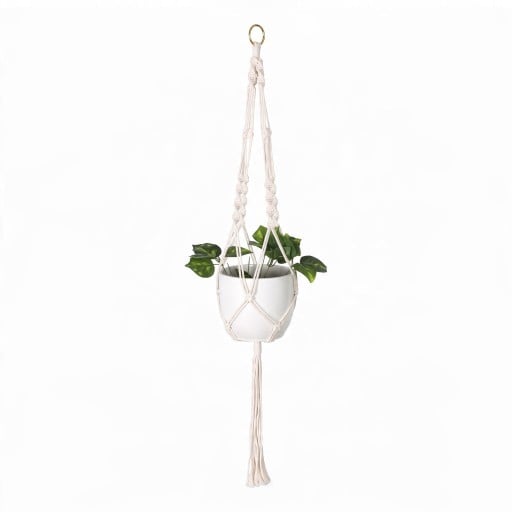 Macramé ophæng til blomsterkrukker med metalring og snoede knuder Længde 105 cm Håndlavet reb af plantefibre Hvid Boho dekoration