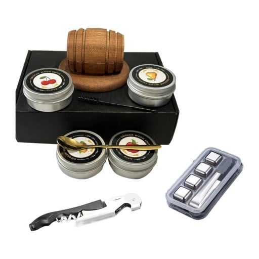 Ensemble fumeur pour cocktails et whisky Baril en bois 10 x 6,4 cm 4 boîtes de copeaux Ouvre-bouteille et 4 glaçons dans une boîte cadeau