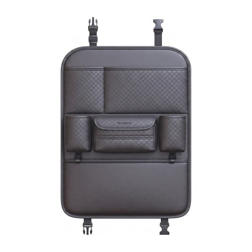 Organizér na opěradlo auta 60 x 43 cm z PU kůže s kosočtvercovým prošitím Držák na pití a kapesníky Háčky Černý Ochrana sedadla