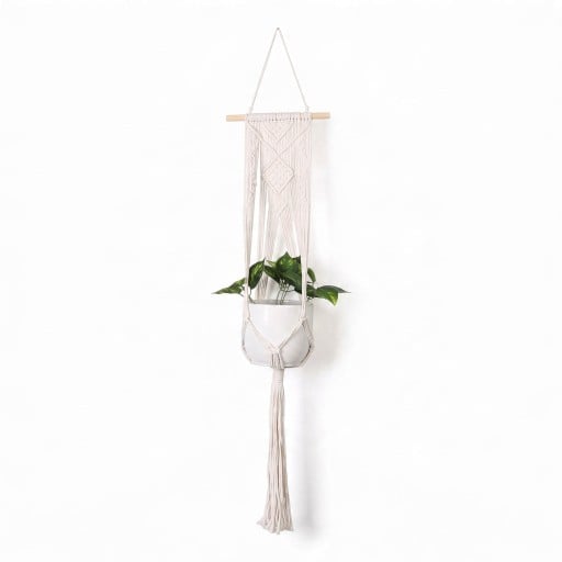 Macramé ophæng til plantekrukker med dekorativt vægpanel på træstang 105 cm Snor af plantefibre Hvid Boho dekoration