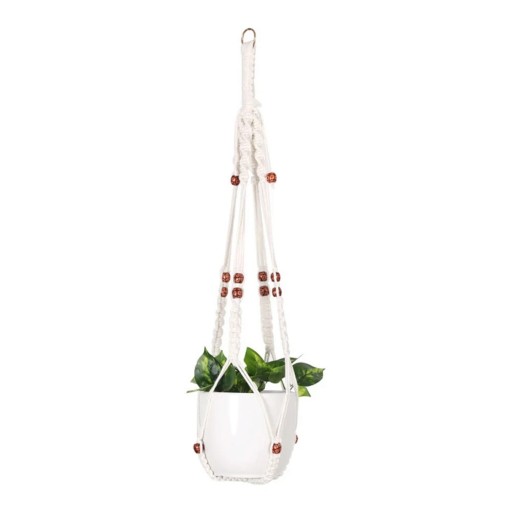 Hamac en macramé pour pot de fleurs avec anneau en métal et perles brun-rouge Longueur 90 cm Corde tissée en fibres végétales Blanche Pour plantes