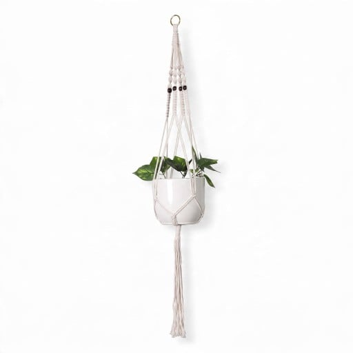 Macramé ophæng til plantekrukke med sorte perler og metalring Længde 105 cm Håndlavet reb af plantefibre Hvid Til planter