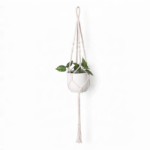 Hamac en macramé pour pot de fleurs avec une anse tressée et de délicats nœuds en spirale 105 cm Corde en fibres végétales Blanche Décoration Boho