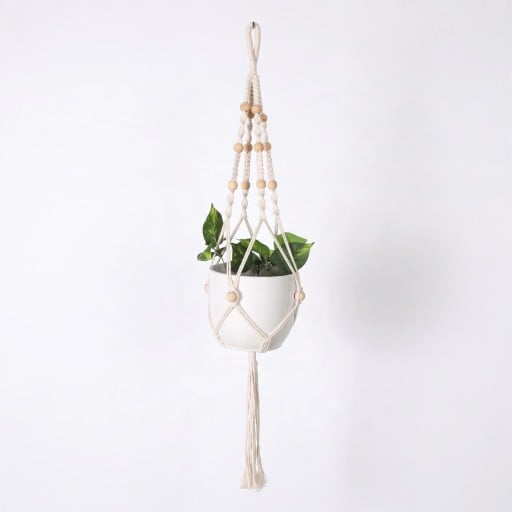 Macramé ophæng til plantekrukker med træperler og flettet ophæng Længde 105 cm Flettet snor af plantefibre Hvid Boho dekoration
