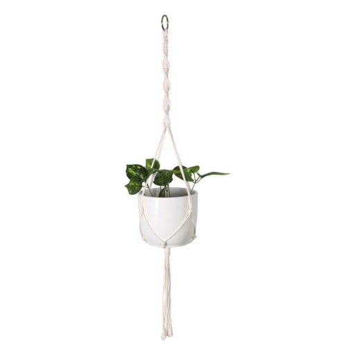 Macramé ophæng til blomsterkrukker Minimalistisk med metalring og snoet snor 100 cm Snor af plantefibre Hvid Boho dekoration