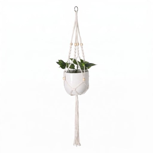 Macramé ophæng til plantekrukker med træperler og metalring Længde 105 cm Flettet reb af plantefibre Hvid Boho dekoration