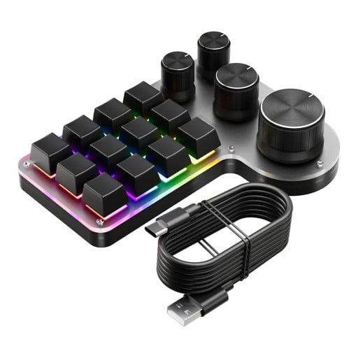 Bluetooth makro klávesnice 12 kláves a 4 otočné knoflíky Mechanické spínače Hot swap RGB podsvícení pro hry a grafiku