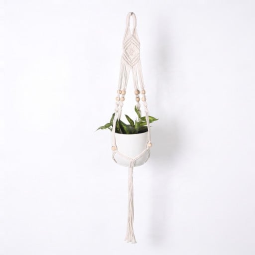 Macramé ophæng til blomsterkrukker med flettet rhombusmønster og træperler 105 cm Snor af plantefibre Hvid Boho dekoration