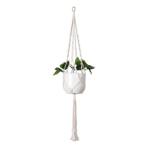 Macramé ophæng til plantekrukker Minimalistisk med flade knuder og metalring 105 cm Snor af plantefibre Hvid Boho dekoration
