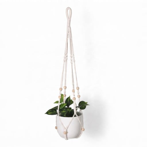 Macramé ophæng til blomsterkrukker med træperler og langt flettet bånd 90 cm Snor af plantefibre Hvid Boho dekoration